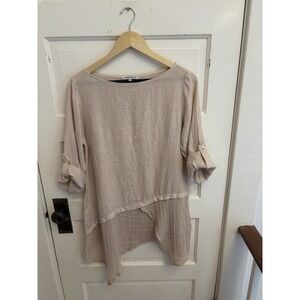 100% Lin Blanc Italy Women's Pink‎ Boho Lagenlook Linen Roll Tab Sleeve Tunic 36